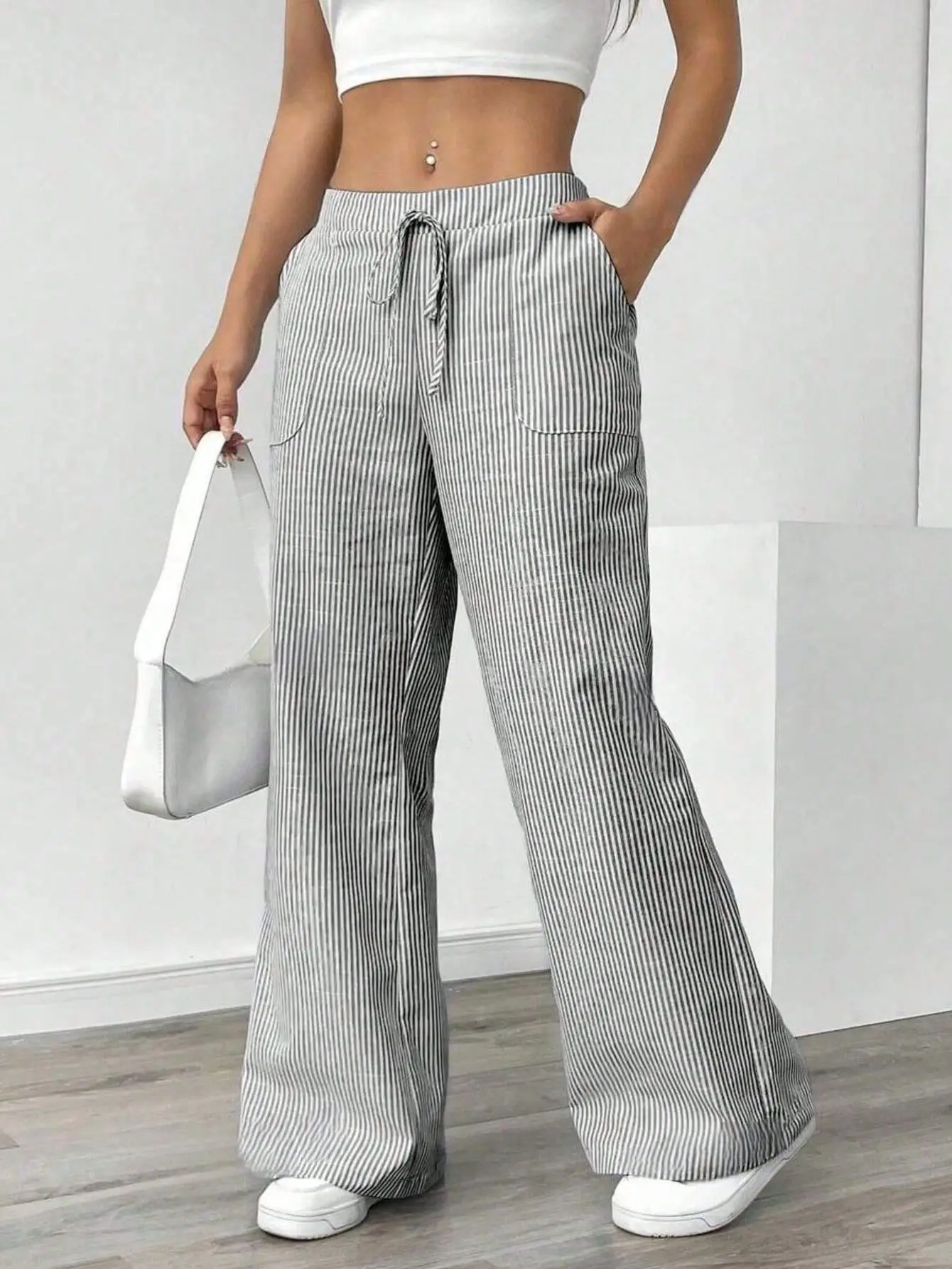 Summer new striped drawstring wide leg pants for women, high waisted, loose fit, slimming, casual straight leg, hanging pants