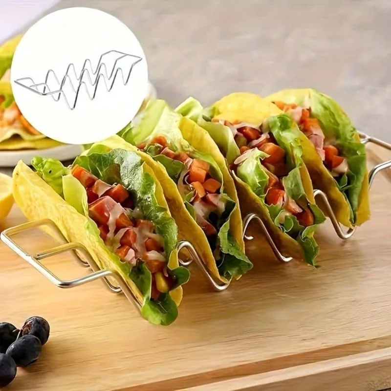 Soporte para tacos y tortillas de acero inoxidable en forma de W con taza para salsa, utensilios de servicio multifuncionales para tacos, Burritos, patatas fritas