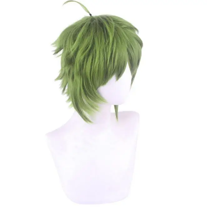 Men Synthetic Green Short Wavy Wig Cosplay Anime Costume Boy Fake Hair Cosplay Wig for Halloween Party Dakimakura Pillow Case