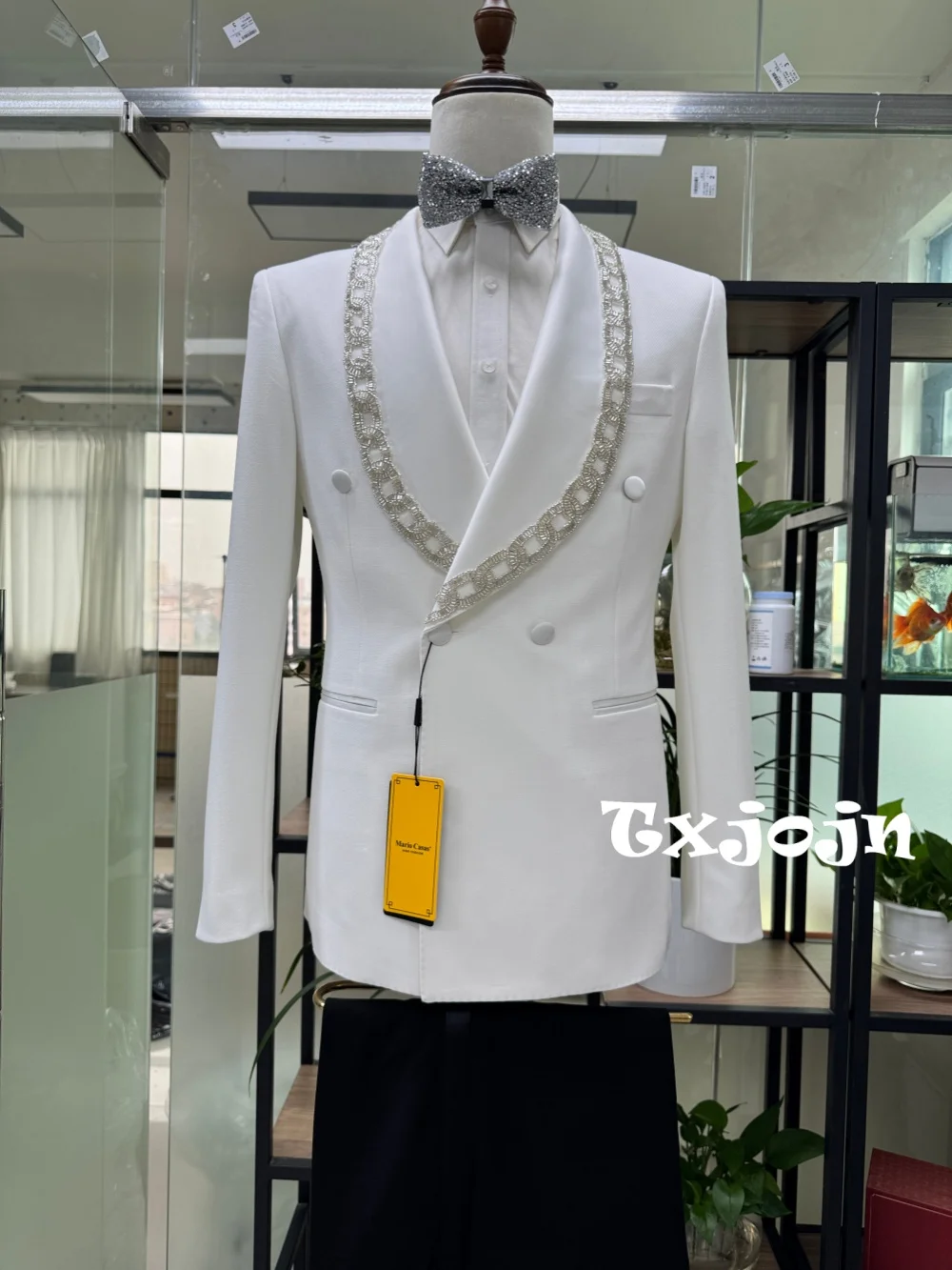 

White Luxury Beaded Suit Set 2 Pieces For Men Wedding Groom Sets Handsome Classy Men's Suits Jacket Pants For Banquet Party