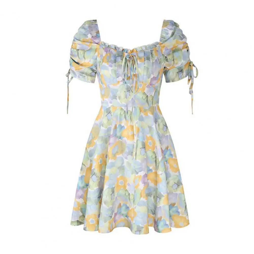 Vestido feminino floral estampado cintura alta verão renda-up a linha mini vestido fino-encaixe padrão de flor mini vestido