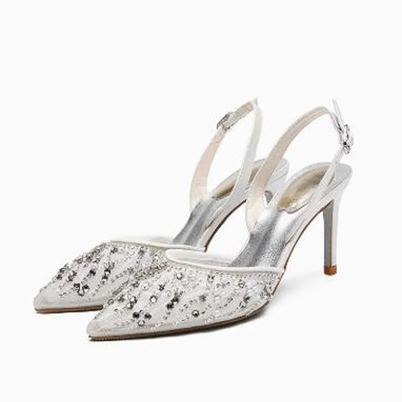 Summer Women White Black Lace Crystal Beading Sequined Shallow 6 8 10 CM Thin Heels Slingback Sandals Bride Wedding Shoes Lady