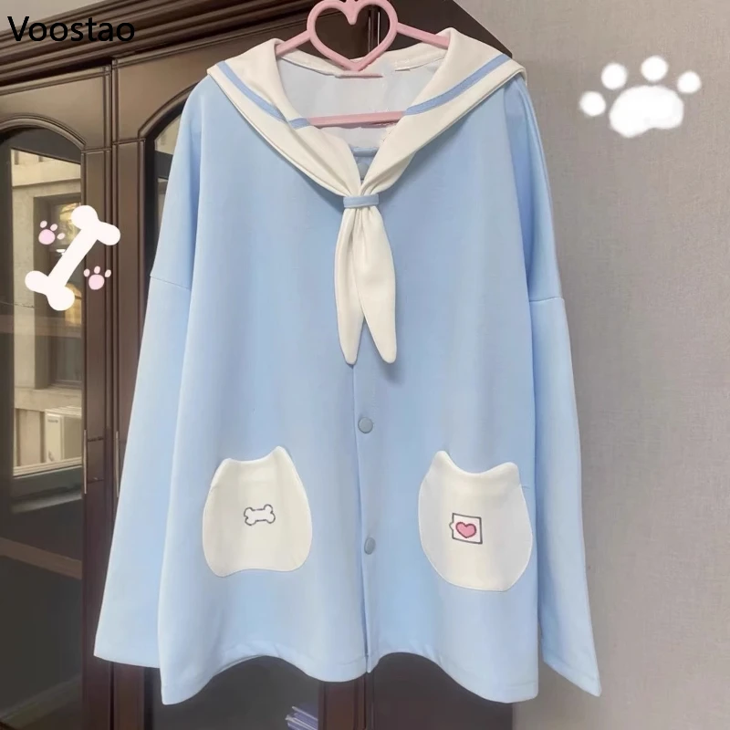 

Japanese Cute Bear Ears Sailor Collar Long Sleeve Hoodie Women Sweet Student Loose Jackets Autumn Lolita Style Casual Coats Tops
