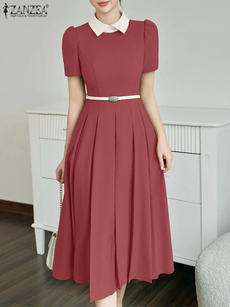 2025 zanzea elegante lapela pescoço manga curta escritório vestidos plissados feminino vestido de verão elegante sólido festa midi vestidos