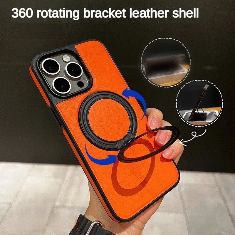 Rotating Magnetic Bracket Leather Case for iPhone 15 Pro Max 15 Plus 13 14 Pro Classic Checkered Pattern Invisible Holder Cover