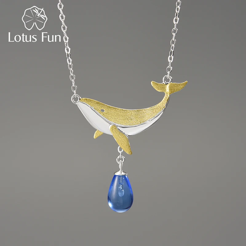 

Lotus Fun Natural Crystal Tears of Blue Whales Pendant Necklace for Women Real 925 Sterling Silver Chains High Quality Jewelry