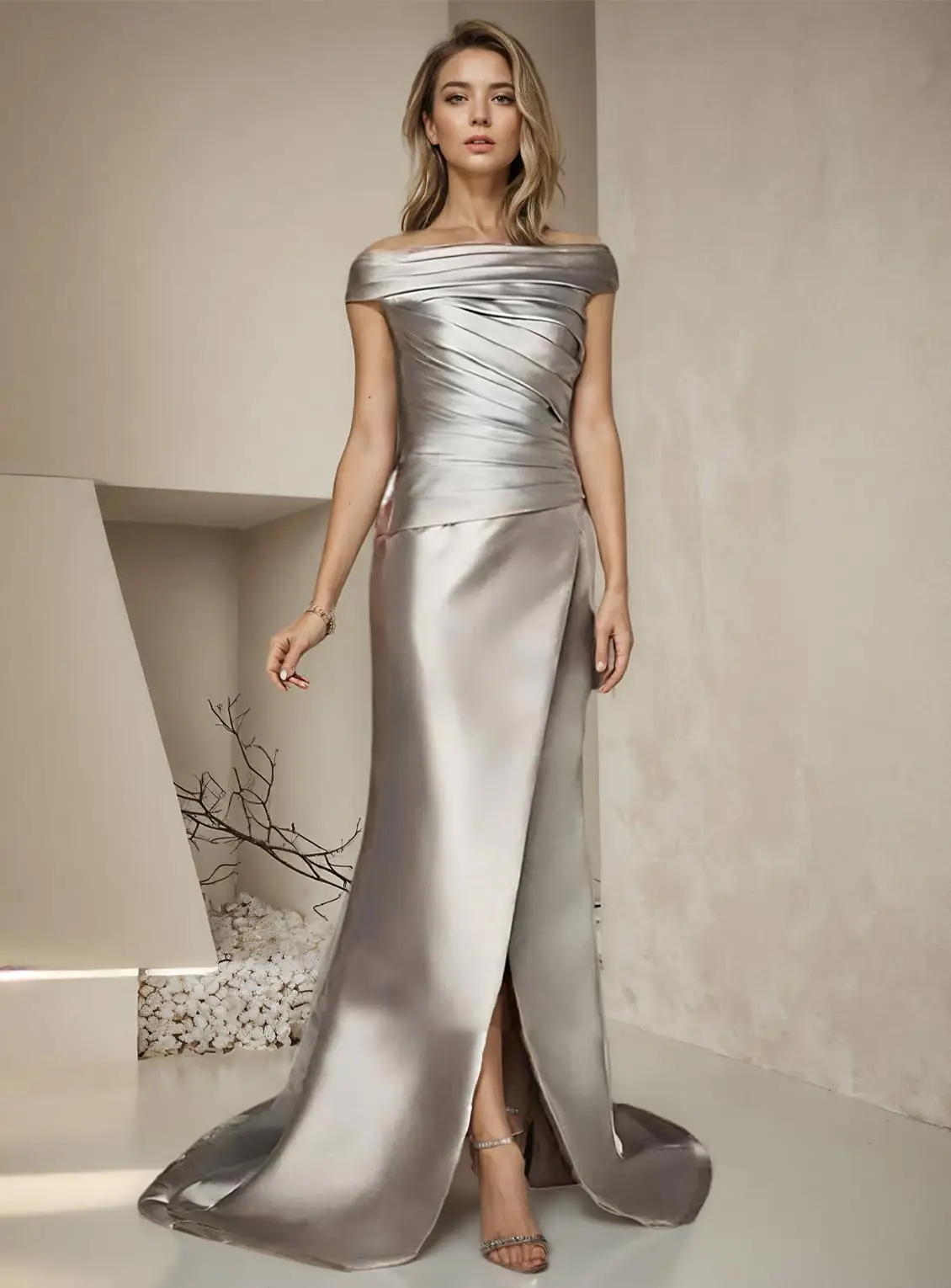 Vestido elegante para madre de la novia, vestido formal con hombros descubiertos, cola de barrido/cepillo, manga casquillo con fruncido