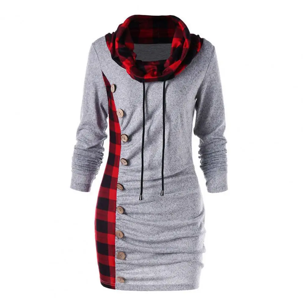 Women Plaid Dress Winter Thick Long Sleeve Casual Vintage Party Scarf Collar Buttons Dress Femme Large Size Sweatershirt