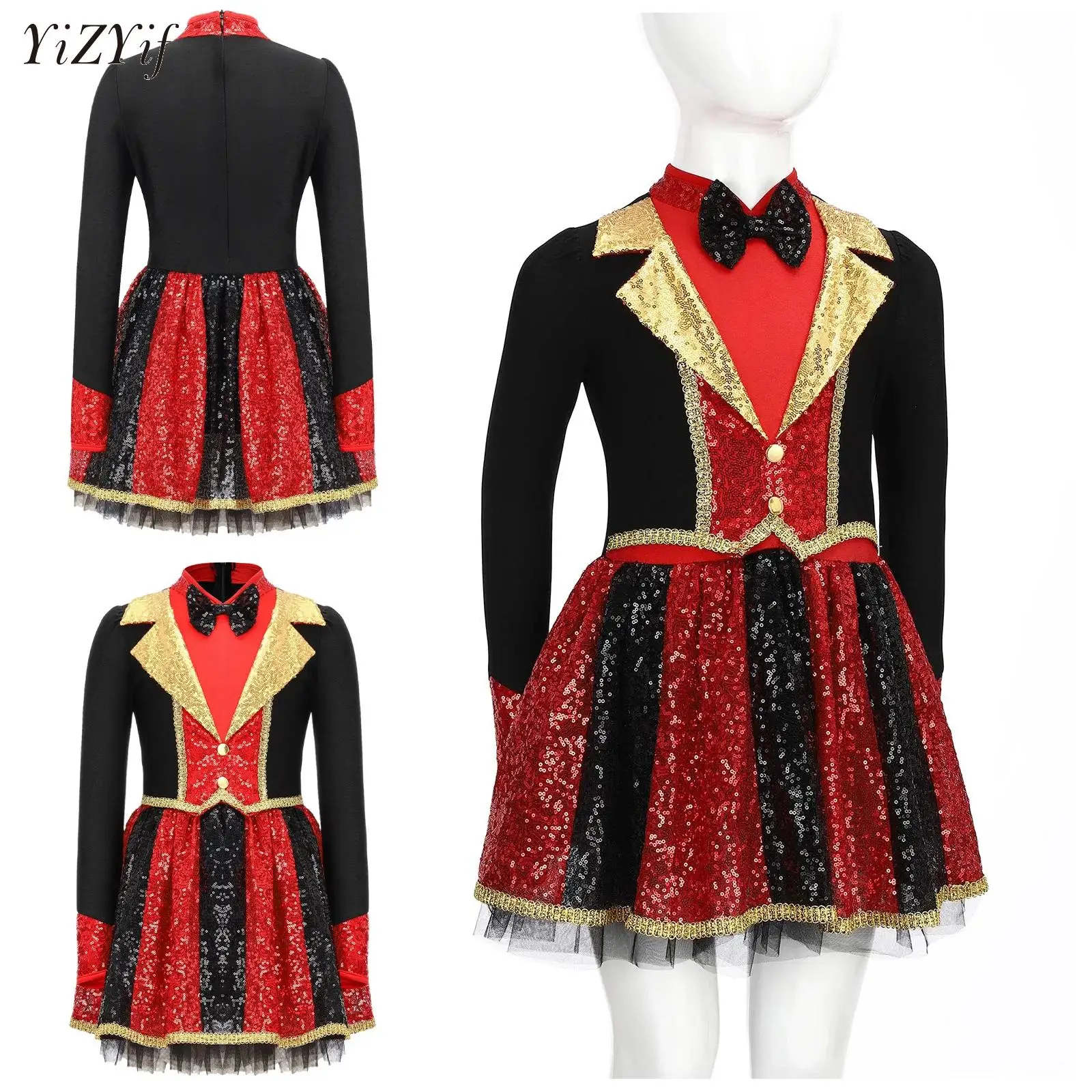 

Kids Girls Ringmaster Circus Costume Halloween Magician Drummer Cosplay Party Leotard Puffy Dress Long Sleeve Sequins Dress Up