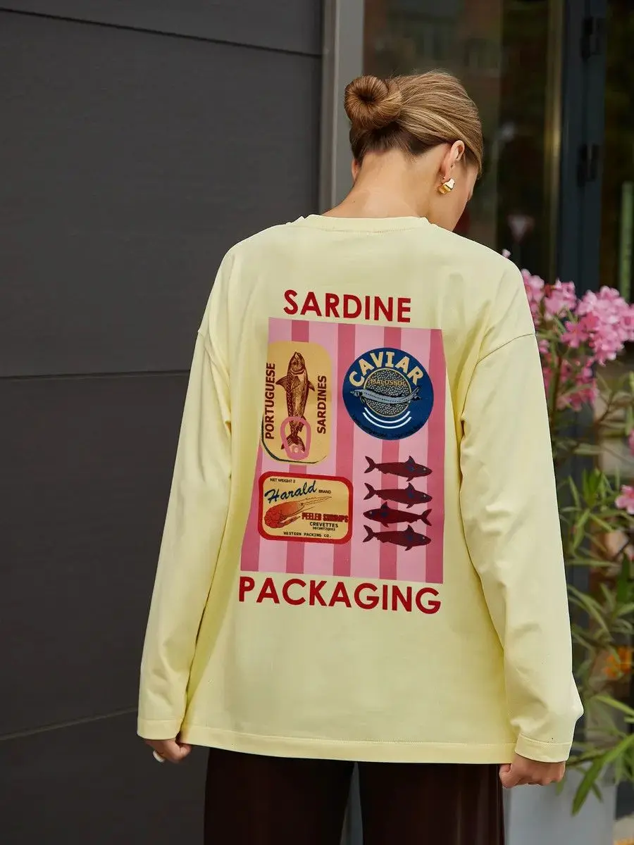 Słodkie damskie koszulki morelowe Śliczne sardynki Retro Czysta bawełna Długi rękaw Cienka bluza Jesienne modne topy Kawaii Duży rozmiar Y2K