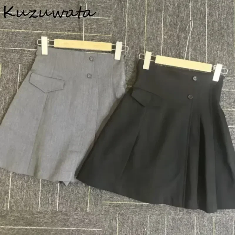 Kuzuwata doce cintura alta ruched all-match saia a linha assimétrica zip casual feminino falda japão nova moda magro ajuste mujer faldas