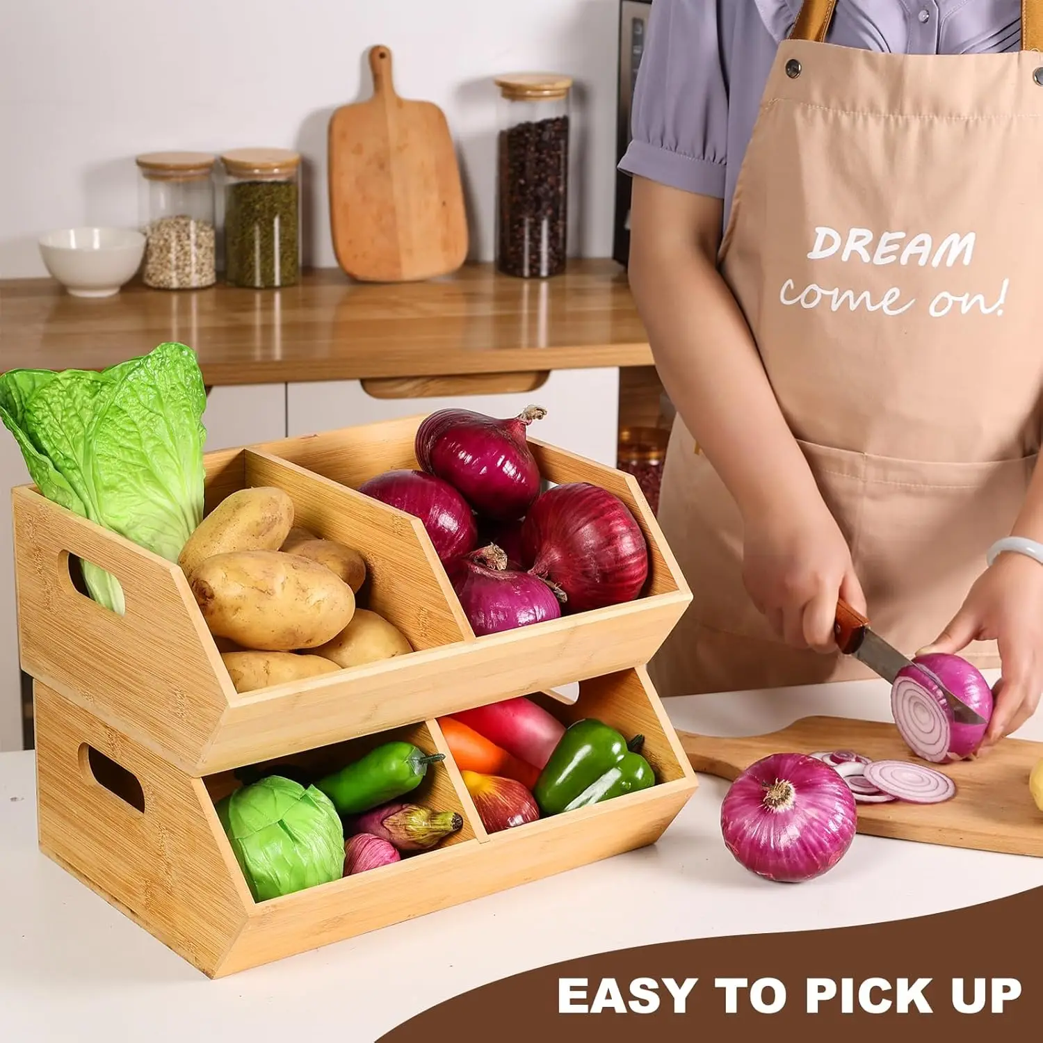 

2 Set Bamboo Storage Bins, Pantry Organizers and Storage, Kitchen Countertop Organization and Storage Basket for Produce