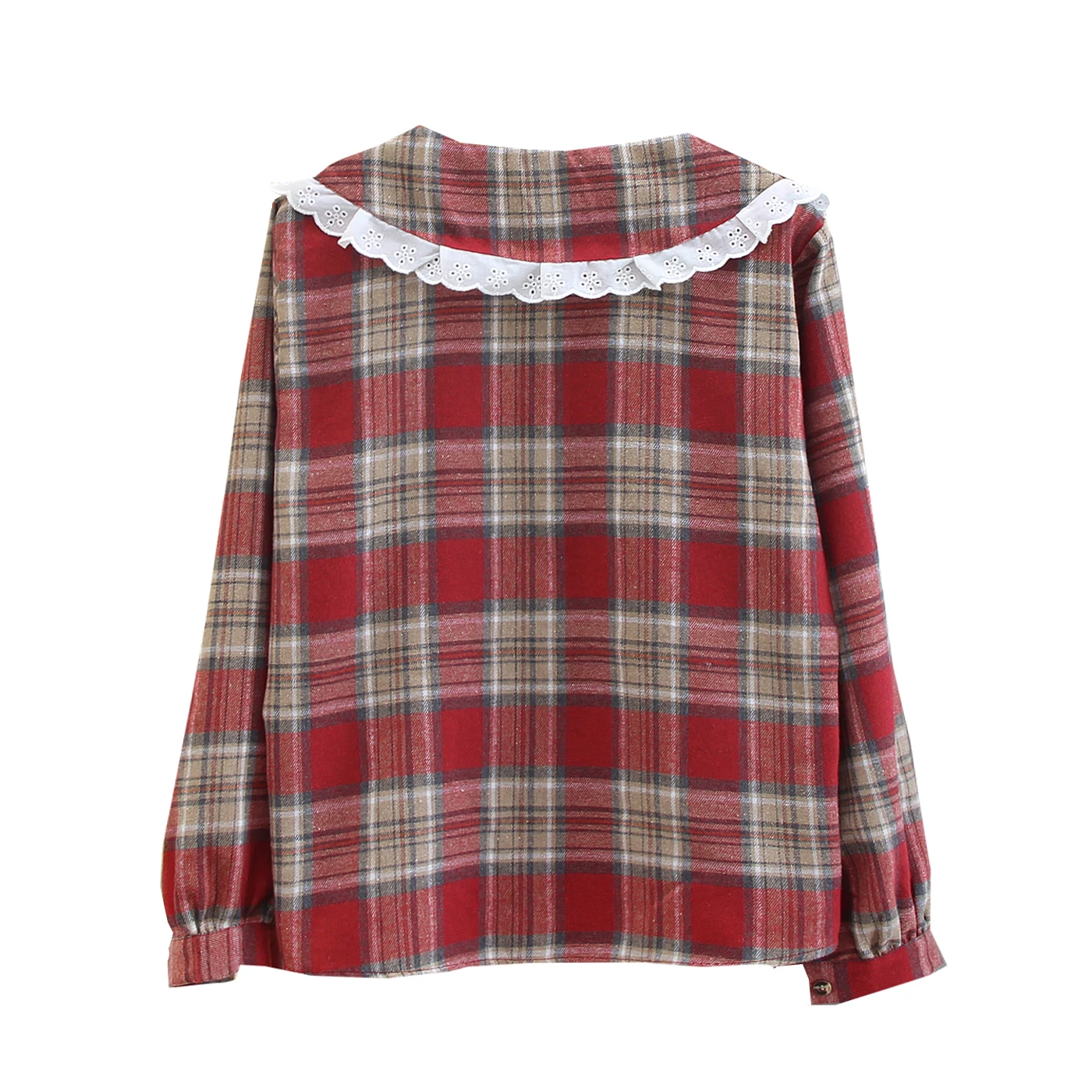 Lace Spliced Checkered Shirt Women's Long Sleeved Spring Autumn New  Loose Sweet Doll Top Classic Single Breasted Blouse