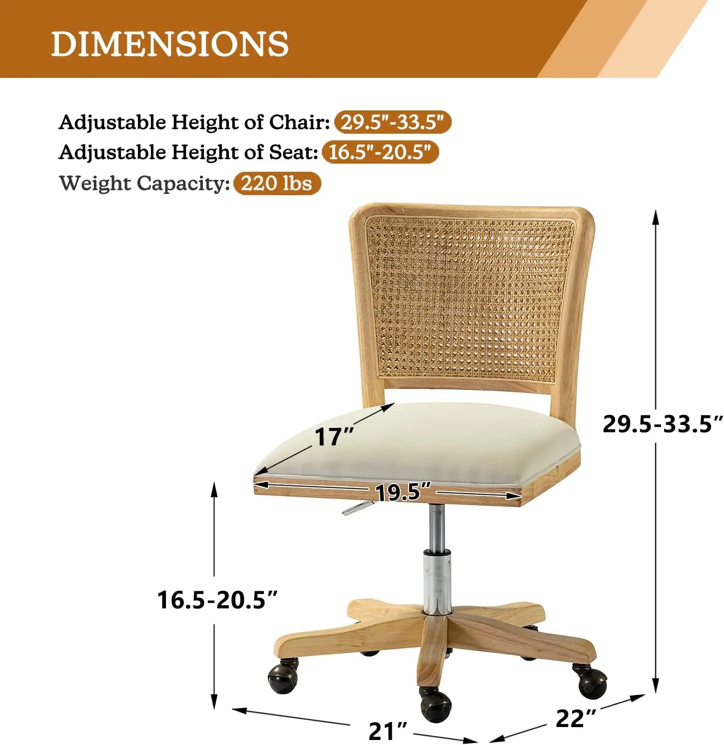 Home Office Chair ComfortableUpholstered Armless Desk ChairAdjustable Swivel Rolling Computer Chair with Rattan Mid-Back Support