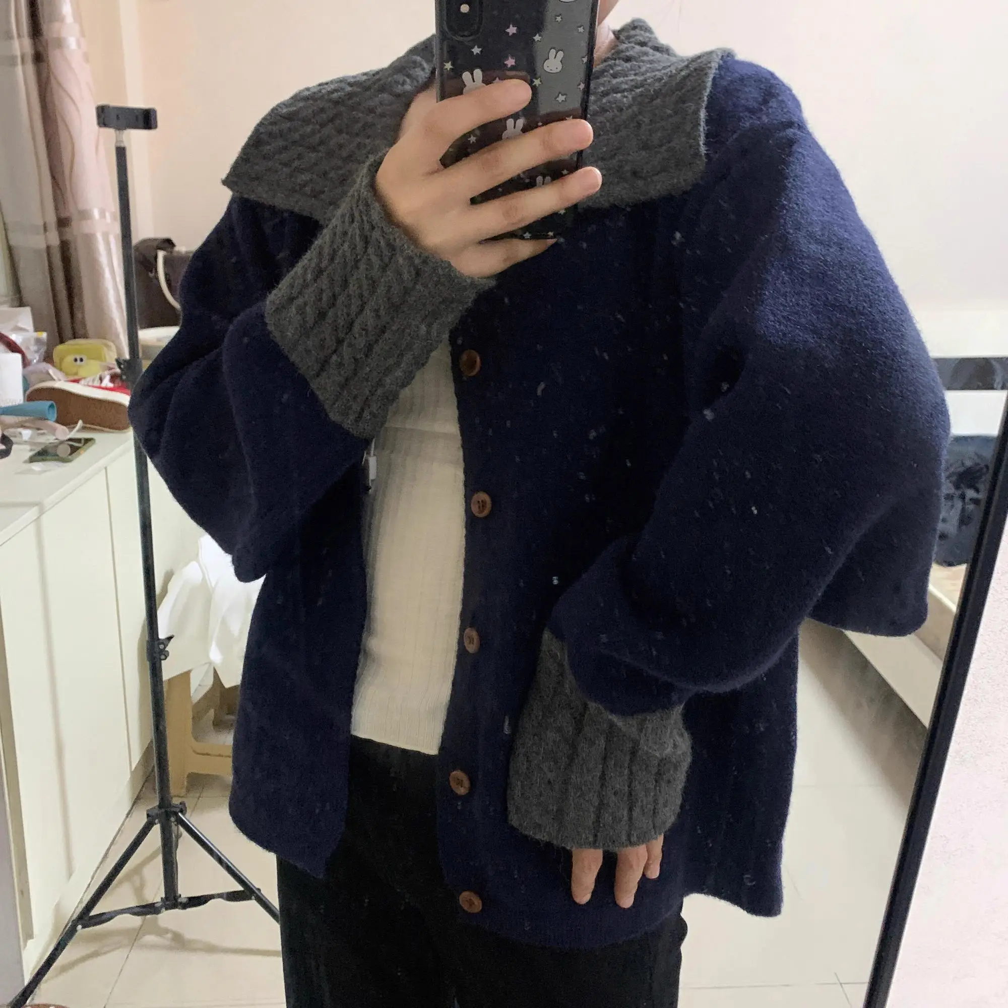 

Свободный вязаный открытый кардиган, женский корейский свитер с откидным воротником, осенний новый ленивый свободный верхняя одежда, топ