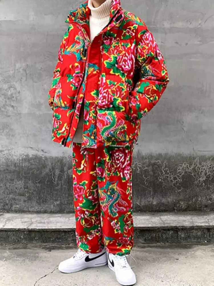 

Тяжелый мужской хлопковый джет с цветочным принтом, зимняя защита от тепла, ансамбль большого размера, подставка на молнии, украшенное полиэфирным волокном