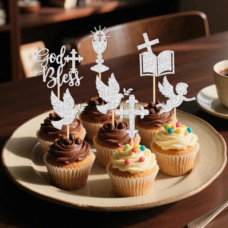 NUBECOM 24 Stück Göttliche Cupcake-Dekoration, glitzernde Segens-Design-Kuchenaufsätze für Taufe, Dekor, Taube, Engel, Kelch, Bibel, Kreuz – Detail 8