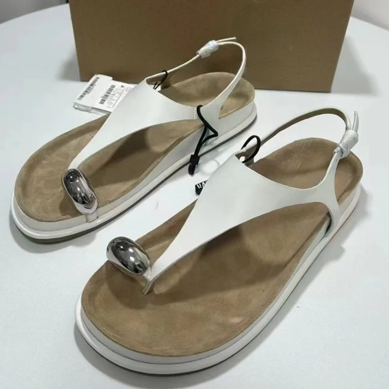 2024 Summer Flat Women Roman Sandals Round Toe Soft Leather Comfortable Light Chic Ladies Beach Shoes Outdoor Casual Footwear