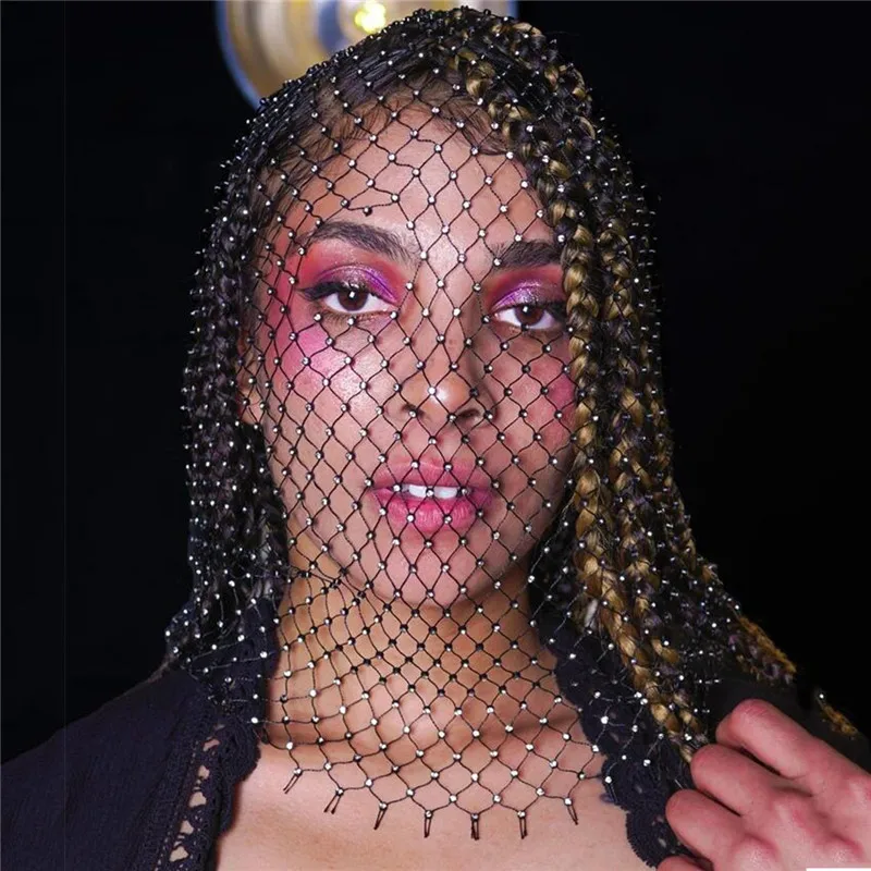 AKYZO-Zircon Turban Hat Hair Snood Net Crystal Head Mask Rhinestone Mesh Veil Diamond Headwrap Fishnet Headhood ﻿