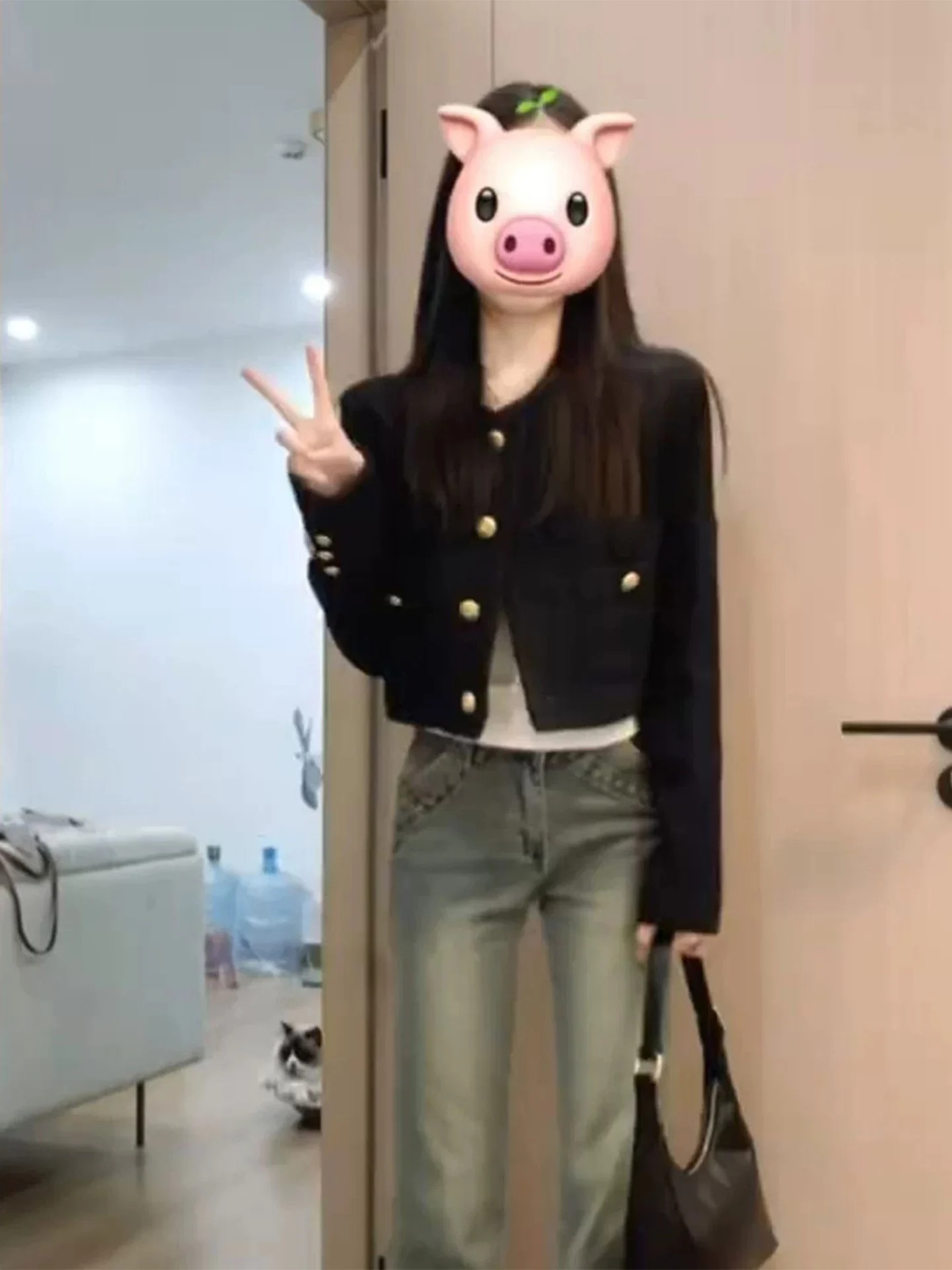 Elegant Black Short Outerwear Women's Fashion 2026 Early Autumn Unique Versatile Korean Style Top Trendy Slim Fit Chiffon