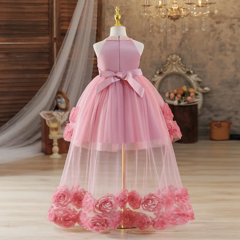 Children Party Dresses Sequins Collar And Sash Flower Tulle Trailing Carnival Costume for Little Girl White Ball Gow
