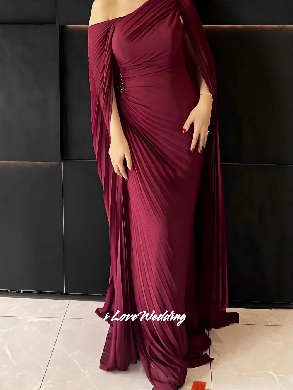 

Burgundy V-neck Evening Dress Beaded Shawl Mermaid Saudi Arabia Floor-Length Bespoke Occasion Dress Party Dress Pleated Customiz