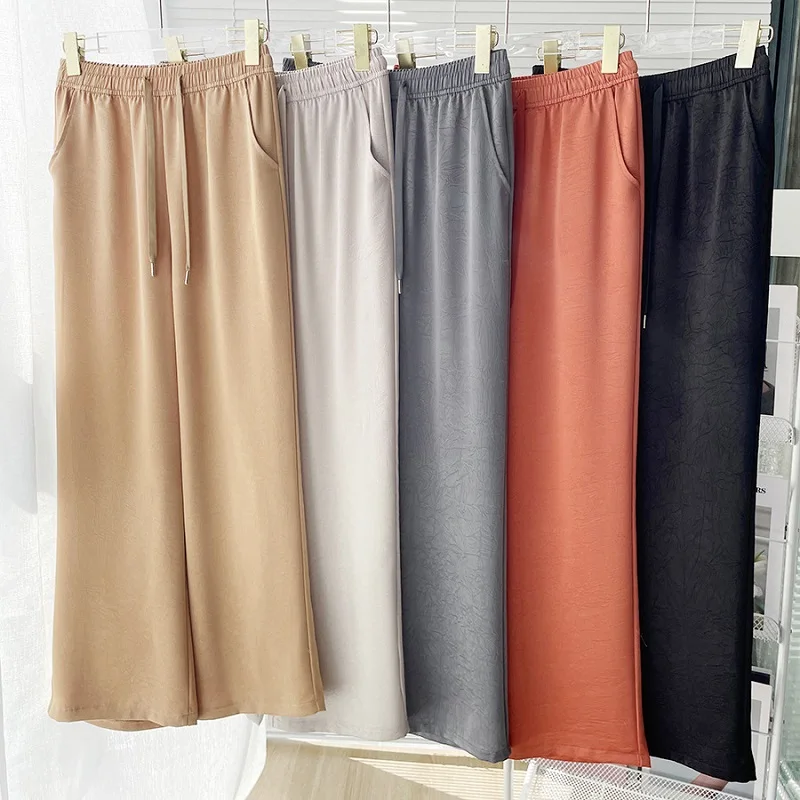 Summer Wide-Leg Pants Cool National Style Smooth Double-Sided Satin Acetate Pattern Loose Slim Casual Straight Leg Women's Pants