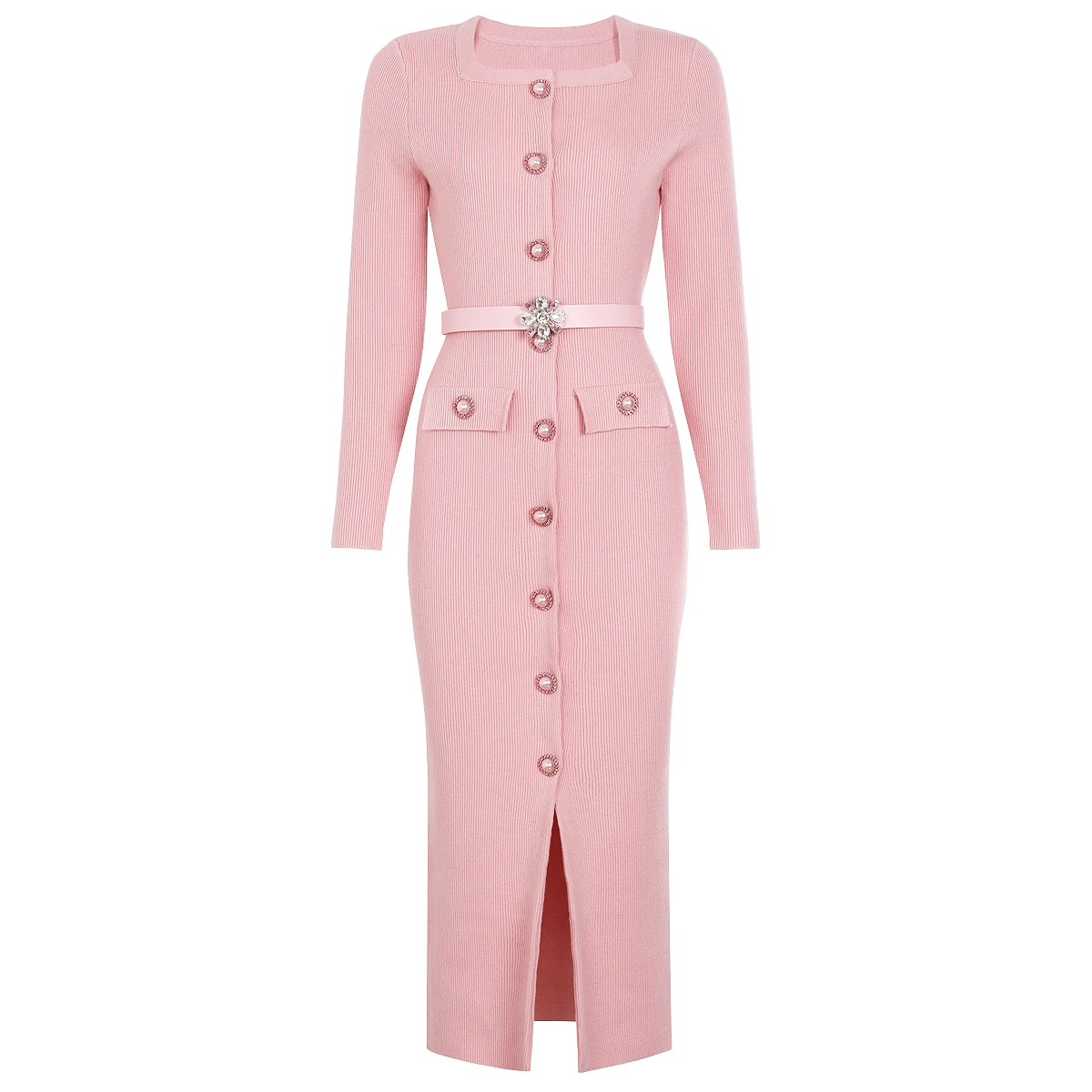 高品質 春秋新作 おしゃれ ニット スクエアネック ダイヤモンドベルト スリムフィット 長袖 レディースワンピース