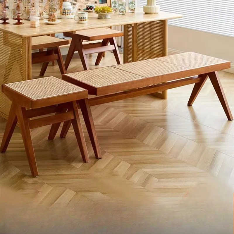 Nordic Woven Long Stool, Retro Japanese Style Doorstep Shoe Changing Stool, Used Solid Wood Bed Bottom Low Stool in Homestay
