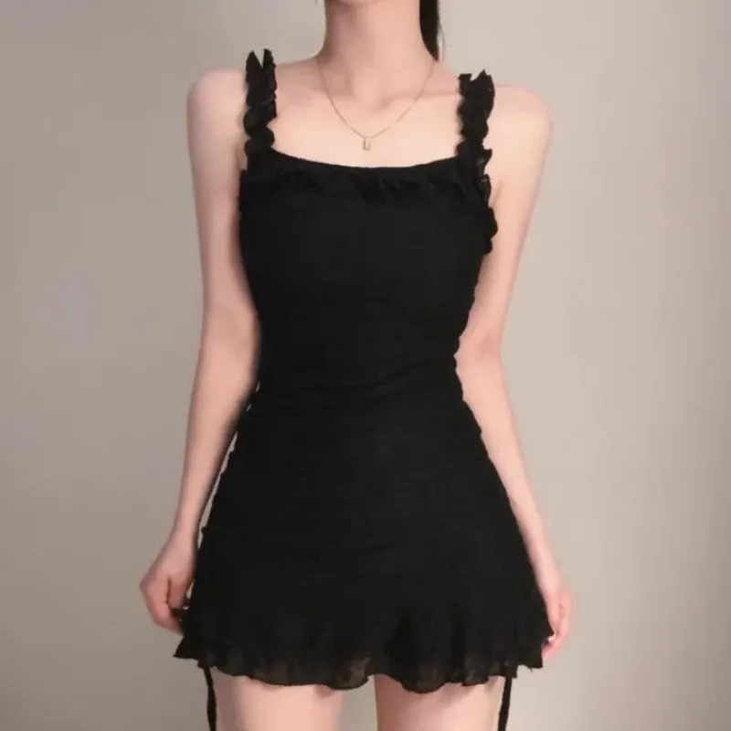 Coreano chique em camadas babados vestido de uma peça verão sexy pescoço quadrado festa vestido fino feminino cordão roupas casuais