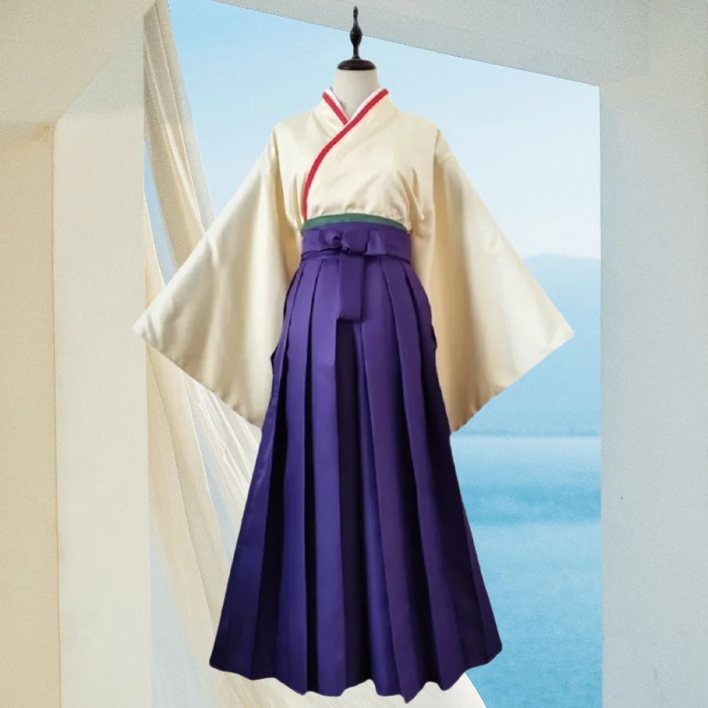 

Anime Kinomoto Cosplay Sakura Costume Japanese Kimono Yellow Top Purple Dress Wig Full Set Role Play Outfit for Women