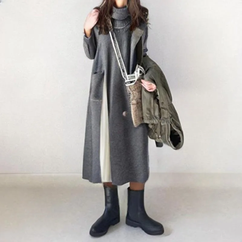 

2025 Autumn/winter New Contrasting High Neck Woolen Dress+pleated White Half Skirt Two-piece Set Robe Vestido Women Elegant