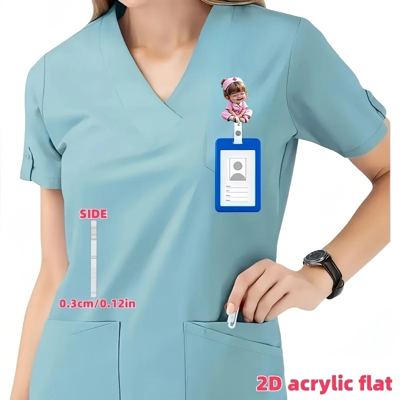 2D Flat, 1pc Cute Nurse Girl with Glasses Pattern Badge Scroll Holder, with Retractable Drawstring, Acrylic Nurse ID Clip