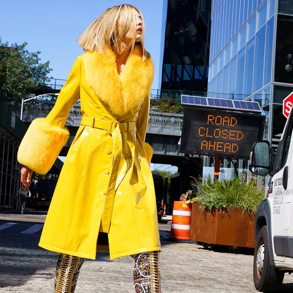 

Denny&Dora Bright Yellow Plus Size Coat Women Real Fox Fur Collar Long Genuine Leather Coat Trench