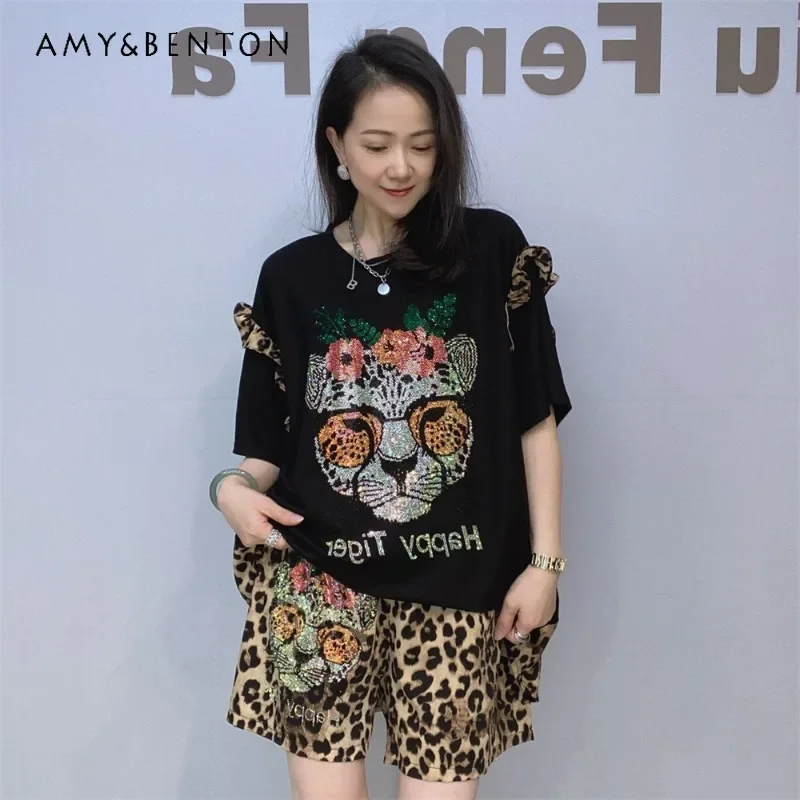 

Women's Summer Chiffon Short Sleeves Top T-shirt Shorts Sets Diamond Drills Leopard Print Loose Casual Clothes Two-piece Outfits
