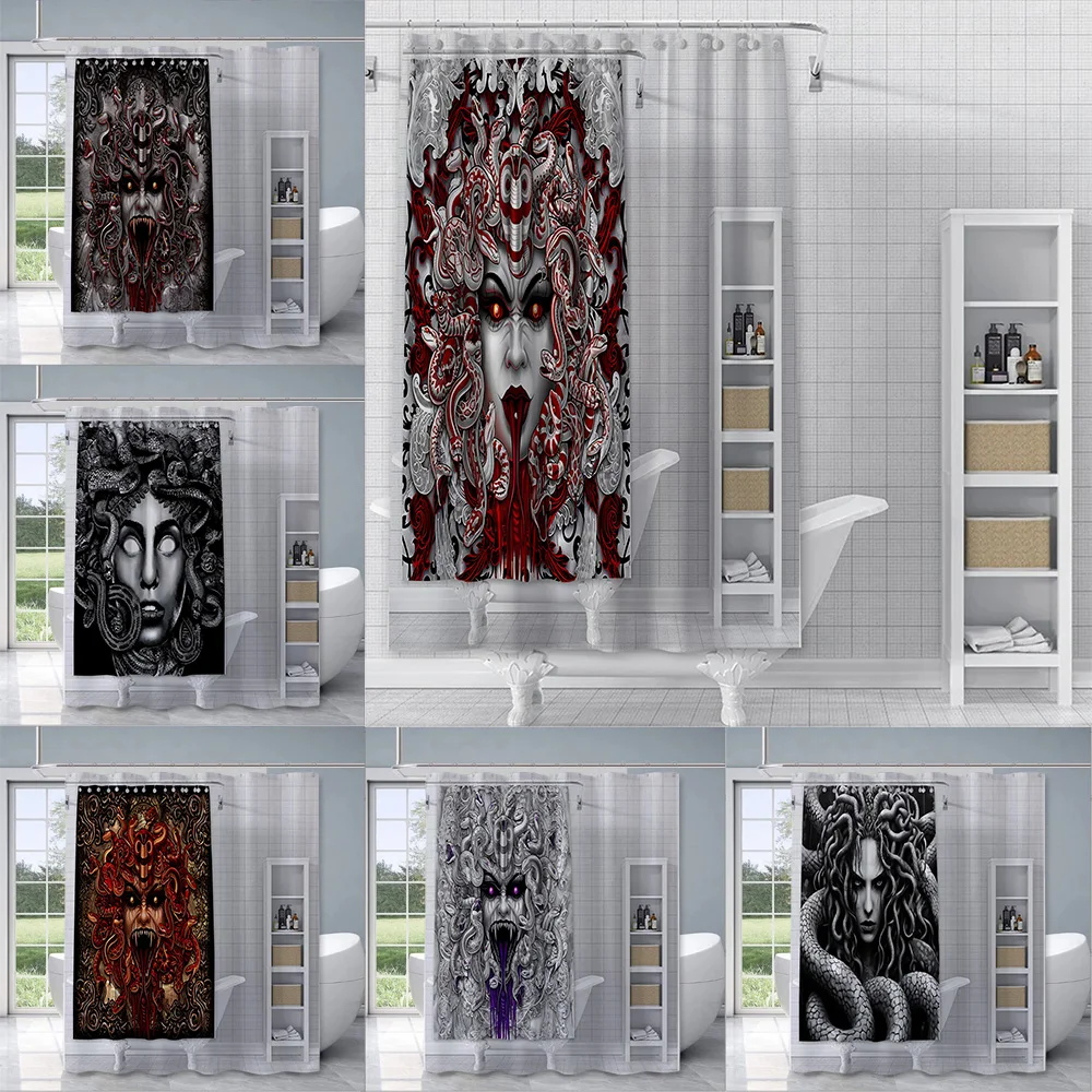 Horror&Halloween Art-Screaming Medusa Shower Curtain Waterproof Polyester Fabric Paint Bath Curtains Home Bathroom Decor Curtain