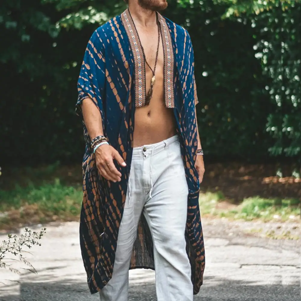 Men Beach Coat Retro Style Mid-Length Loose Fit Printing Sun Protection Jacket Open Front Long Outwear Summer Hawaiian Vacation