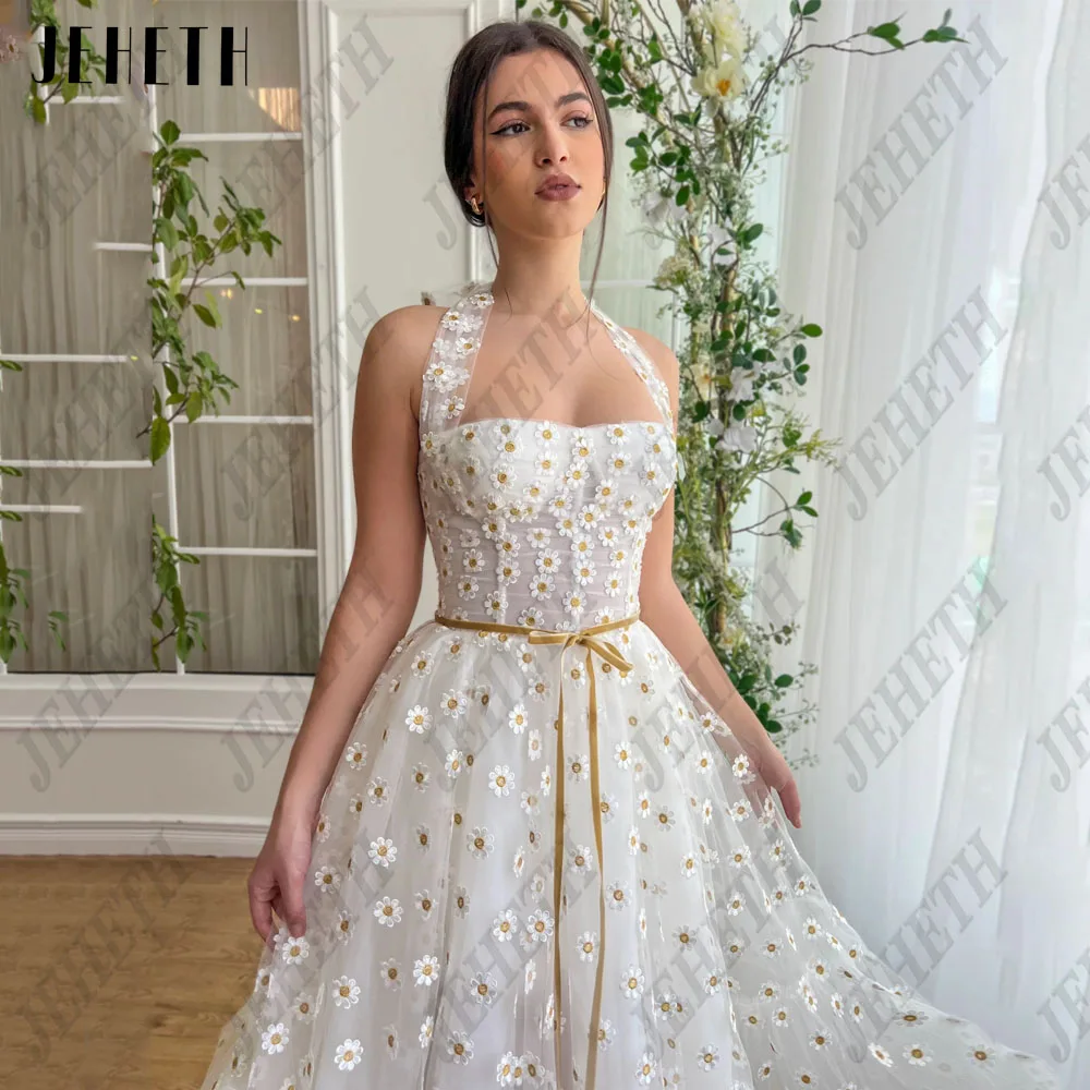 JEHETH Embroidery A-Line Prom Dresses For Woman Sweetheart Floral Sleeveless Party Gowns Tulle Backless Vestidos De Festa