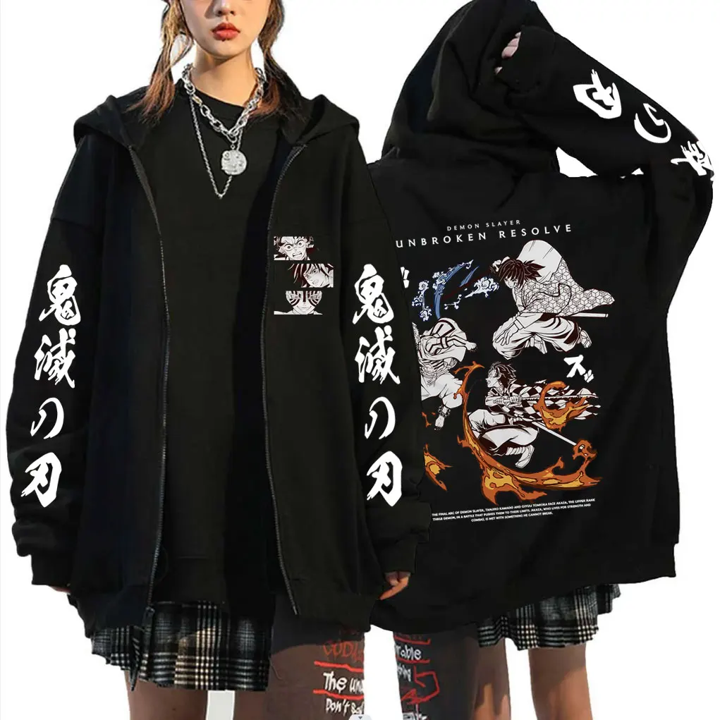 

Anime Demon Slayer Kamado Tanjirou Tomioka Giyuu Akaza Merch Zipper Hoodie Men Women Fashion Casual Fleece Vintage Zip Up Jacket