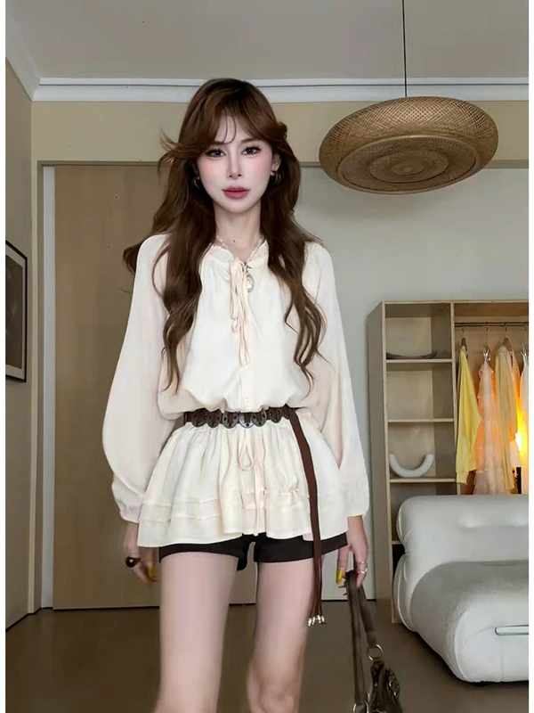 

Spring Autumn Anti-Aging Long Sve Women's irt Korean Sle Design Versatile Belted Waist Cinching Top French Sle Loose...