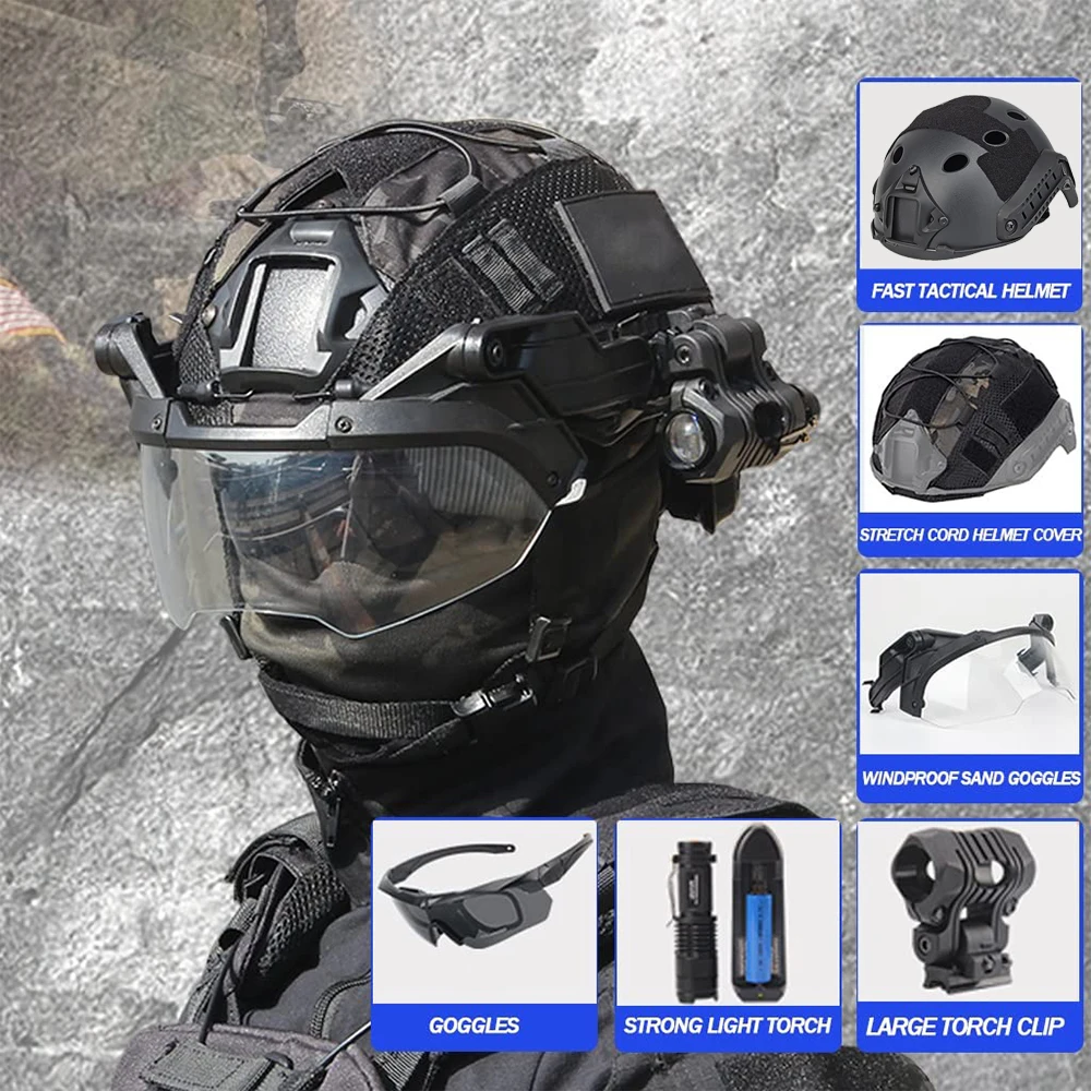 

Tactical Airsoft Protective Helmet, with Goggles & Flashlight Adjustable Visor, Paintball Game Helmets Set with Camouflage Cover