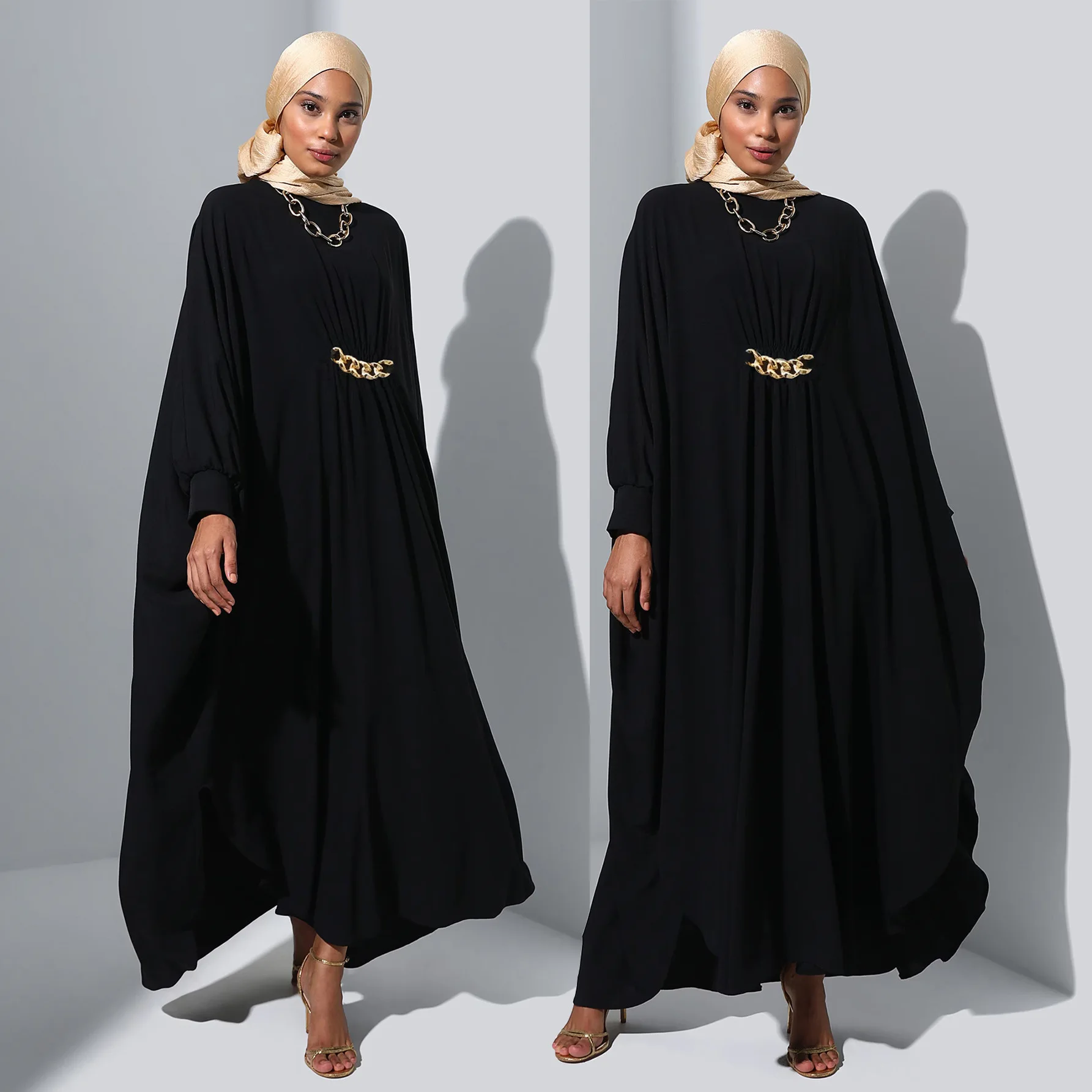 Abaya Arab Dubai Muslim Dress Long Robe Women's Gold Chain Three Dimensional Decoration Bat Sleep Loose Long Skirt Clothing