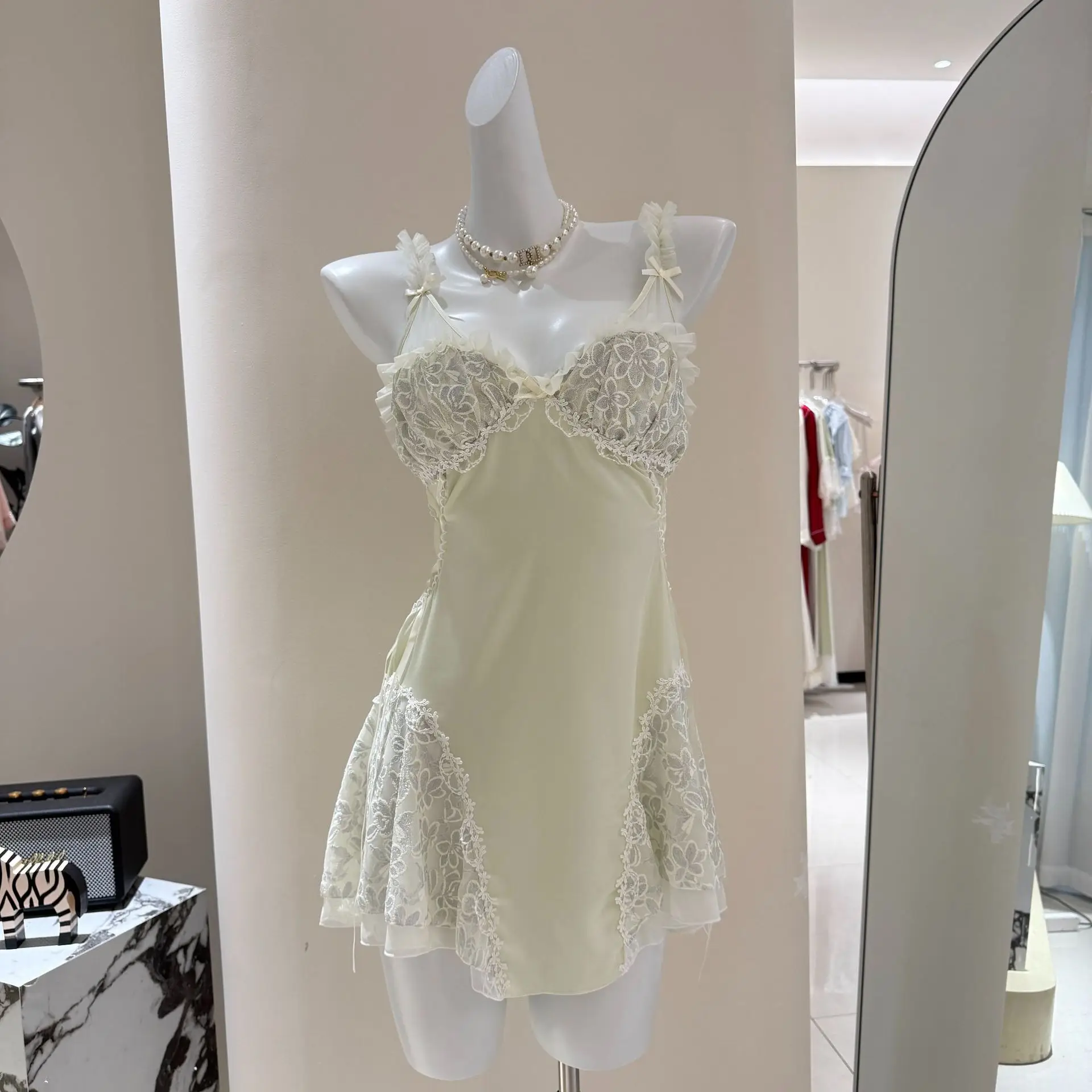 

Summer New Female Nightgown Chemise Sleepwear Sexy Patchwork Perspective Mesh Intimate Lingerie Silk Satin Home Wear Nightdress