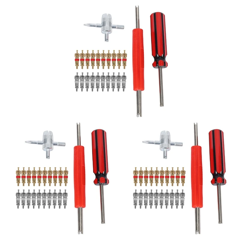 3X Valve Core Tool Set 60Pcs Valve Cores, 4-Way Valve Tool, Dual Single Head Valve Core Remover, Tire Repair Tool