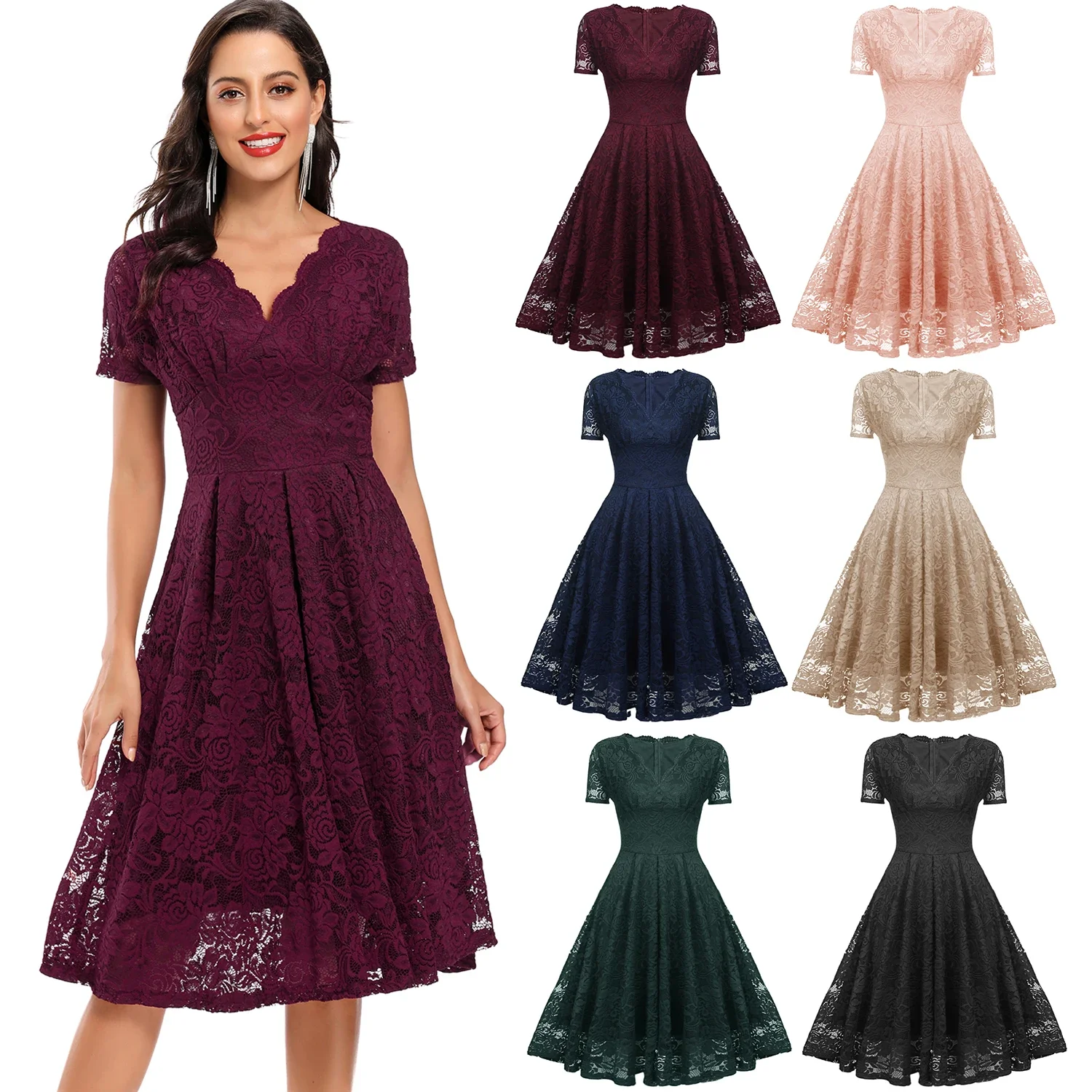 

Women Elegant V Neck Floral Lace Short Sleeve Cocktail Party Swing A Line Dress Bridesmaid Dress Brand New