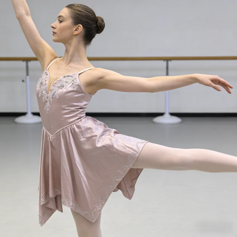 Womens Thin Strap V Neck Ballet Performance Dress Chest Silver Floral Rhinestone Embroidery Wavy Trim Irregular Hem Short Dance