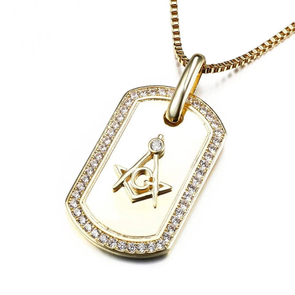 VANAXIN Men's Punk Street Style Square Freemason Pendant Necklace for Women Men Gold Color Cubic Zirconia Jewelry