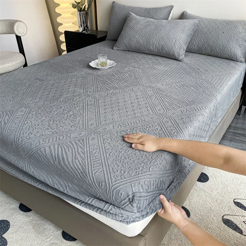 220g Thickened Milk Fleece European Carved Style Adjustable Fitted Sheet,Winter Keep Warm,High Density Anti-static