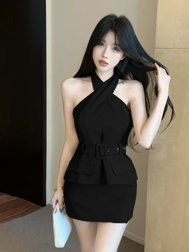 Sexy Trendy Cross-Neck Strapless Waist-Cinched Sleeveless Top And Half Skirt Set for Young Women Summer Fashion Outfit