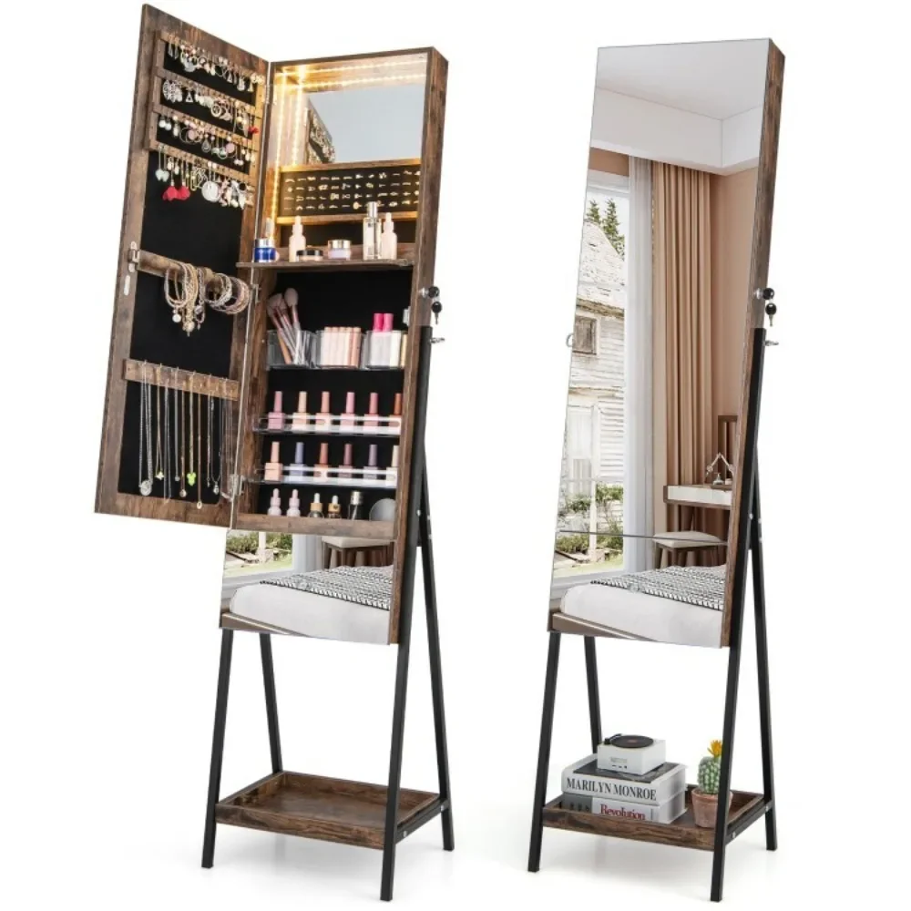 

Lockable Jewelry Organizer Cabinet Armoire Freestanding With Full-Length Mirror